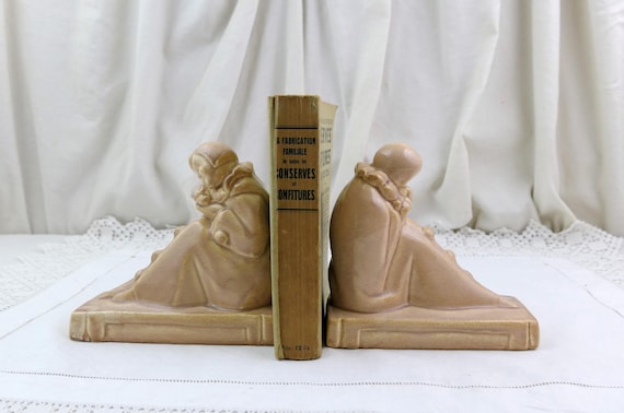 Vintage  Pierrot Bookends in Apricot Pink Glazed Ceramic, French Clown Figures, Art Deco Style Pottery Pair, Theatre Mime Shelf Decor