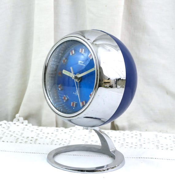 Vintage Working Mid Century Modern Alarm Clock by Fashion of Japan Silver with Metallic Blue Face and Mechanical 2 Jewels, 1960s Time Piece