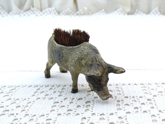 Antique French Cold Painted Metal Pig Fountain Pen Wipe with Bristle Brush, Retro Writing Accessory from France, Collectible Boar