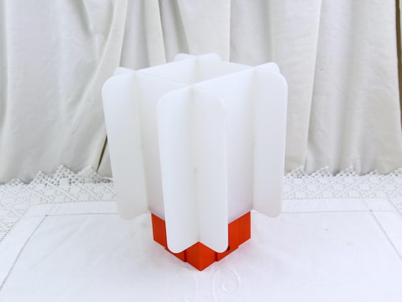 Vintage French Mid Century Bright Orange and White Plexiglass Table Top of Pendant Light Shade, Retro Acrylic 1960s Lighting Accessory