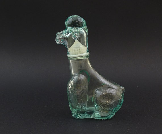 Vintage Italian Vetreria Etrusca Clear Glass Sitting Poodle Shaped Bottle, Retro Animal Themed Small Decanter Embosed VEA, Pet Decor Italy