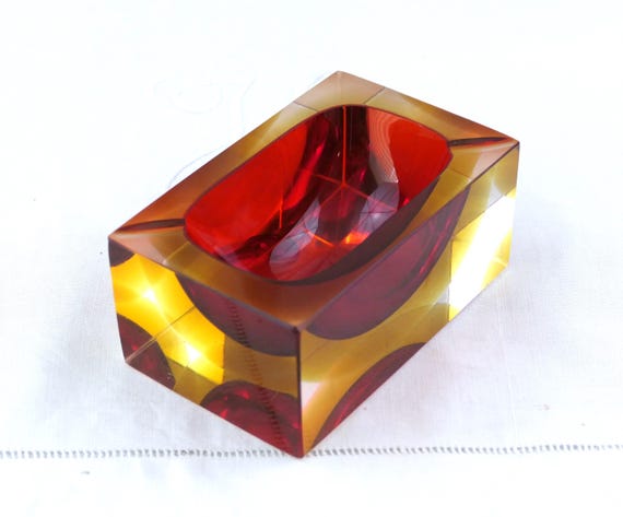 Vintage Rectangular Art Glass Bowl Ashtray with Red Orange Yellow in , Retro 1960 Mid Century Decorative Glassware Sommerso Murano Style