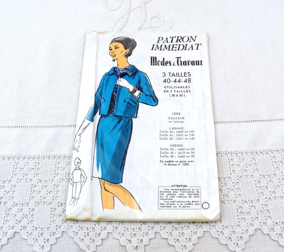 French Vintage Unopened Uncut 1960s Dress Making Pattern for Woman's 2 Piece Suit Size 40 44 48 EU, 1950s Parisian Fashion Mode et Travaux