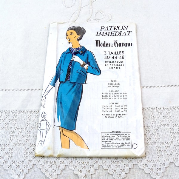 French Vintage Unopened Uncut 1960s Dress Making Pattern for Woman's 2 Piece Suit Size 40 44 48 EU, 1950s Parisian Fashion Mode et Travaux