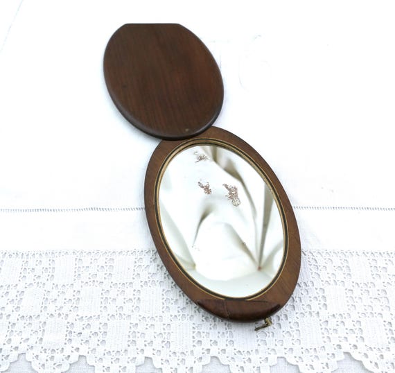 Large Pocket Oval Antique French Travel Mirror with Swivel Wooden Lid, Retro Portable Vanity Mirror from France, Men Grooming Accessory
