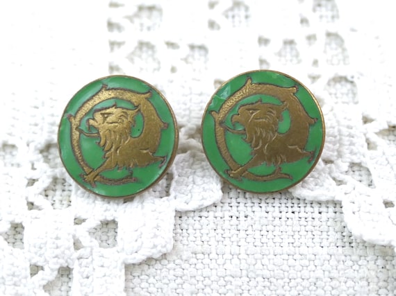 2 Antique French Enameled Green and Gold Tone Round Buttons with Griffin Pattern, Retro Upcycled Earring Jewelry, Vintage Dragon Decor