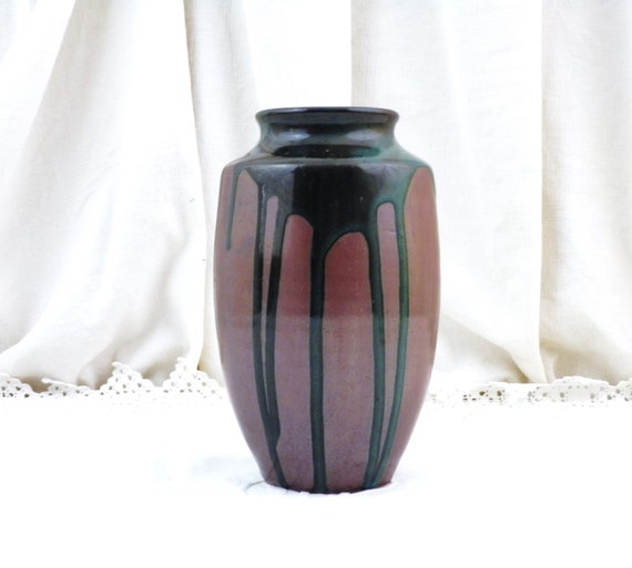 French Antique Art Deco Drip Glazed Table Vase in Green and Maroon, Vintage 1930s Flower Arranging Accessory From France