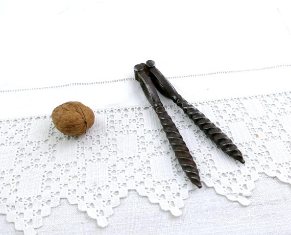 Antique 19th Century French Iron Twisted Handled Adjustable Nut Cracker, Vintage Nutcracker Made of Metal from France, Parisian Brocante