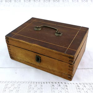 Small Antique French Rectangular Wooden Box with Folding Brass Handle, Retro Rustic Storage Container France, Country Farmhouse Organization