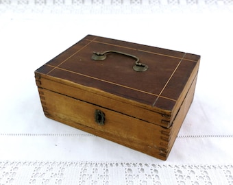 Small Antique French Rectangular Wooden Box with Folding Brass Handle, Retro Rustic Storage Container France, Country Farmhouse Organization