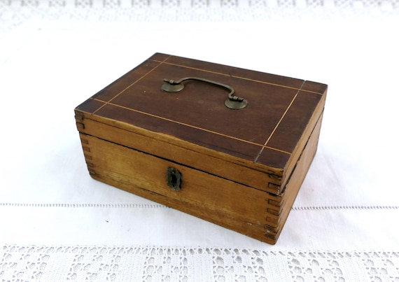 Small Antique French Rectangular Wooden Box with Folding Brass Handle, Retro Rustic Storage Container France, Country Farmhouse Organization