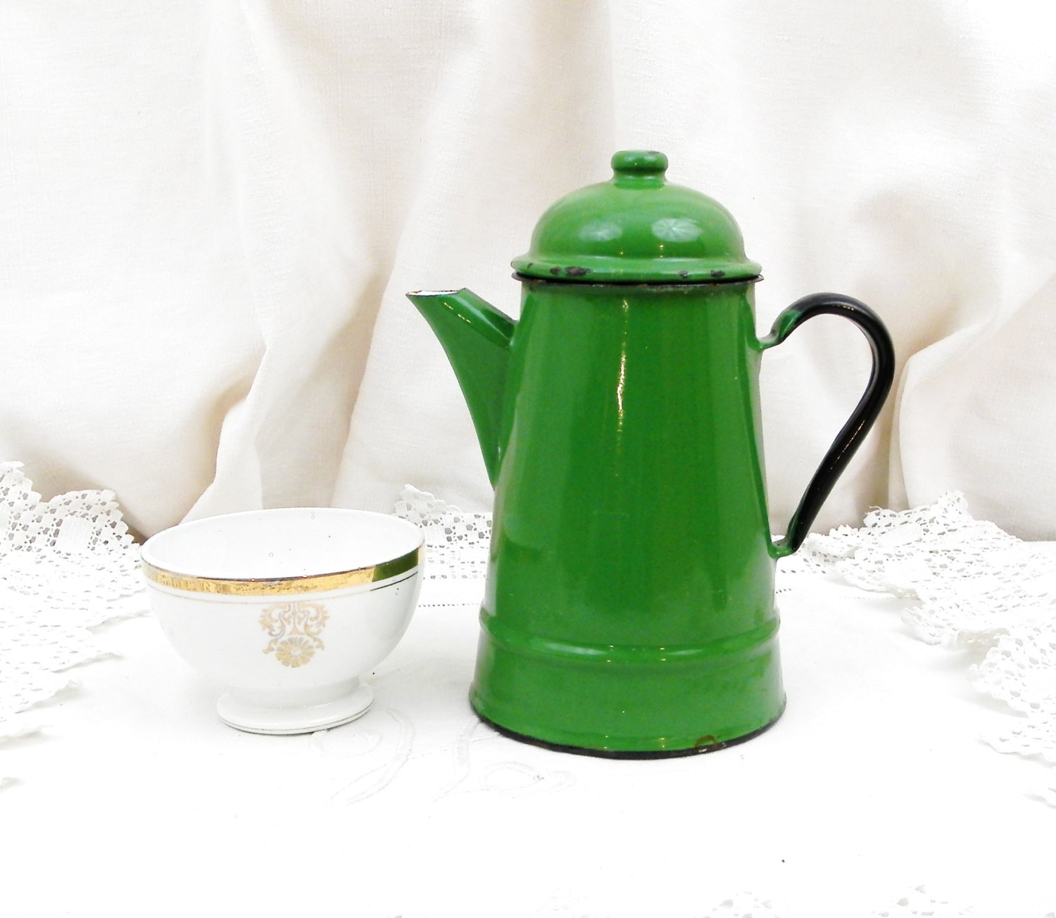 Vintage Cream & Green Enamel Ware Coffee Pot 