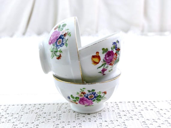 Vintage French Set of 3 Small Porcelain China Footed Coffee Bowls with Rose Flower Pattern, Little Latte Pottery Drinking Vessel France
