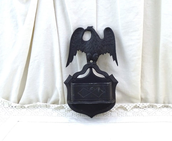 Vintage Black Metal Wall Pocket with Eagle and E Pluribus Unum Motto the first Great Seal of the United States by John Adams, American Decor