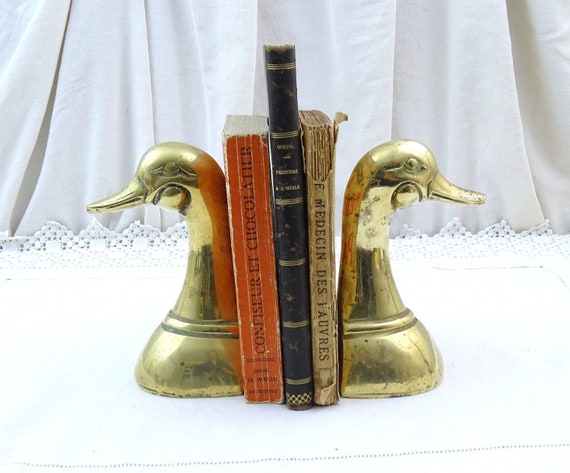 Vintage Mid Century Duck Head Brass Bookends, Retro Mallard Bird Gold Tone Metal Book Ends, Library Shelves Organization, Animal Theme Decor