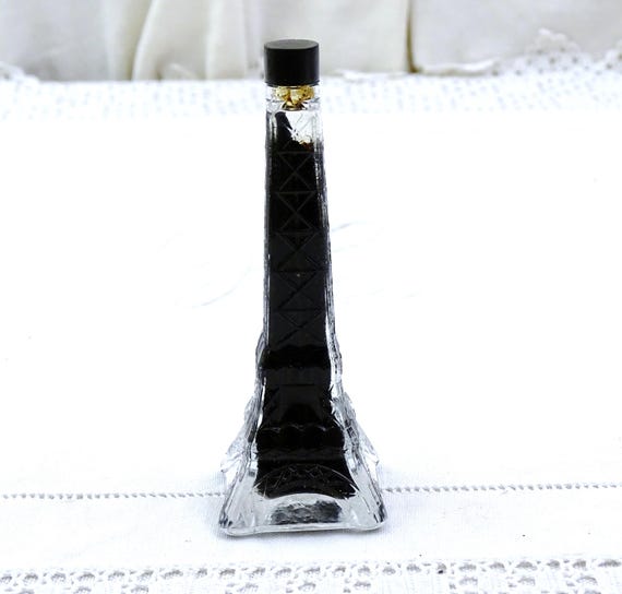 Small Vintage French Ink Bottle Shaped as The Eiffel Tower with Black Ink, Retro Novelty Writing Accessory from France, Collectible Glass