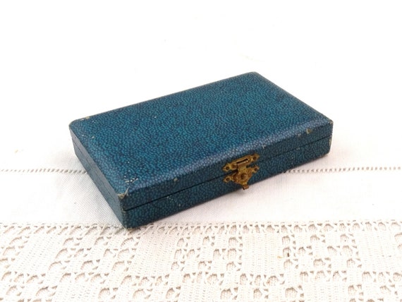 Small Vintage French Rectangular Blue Jewelry Box, Old Style Shabby Worn Box with Fake Snake Skin Cover in Dark Green with Yellow Lining