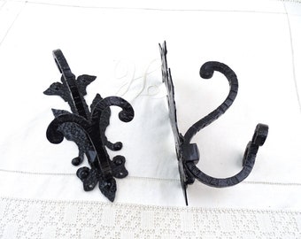 2 Vintage French Black Forged Metal Brutalist Hanging Basket Hooks, Pair of Garden Flower Plant Accessory For Wall Decor, Retro Cottagecore