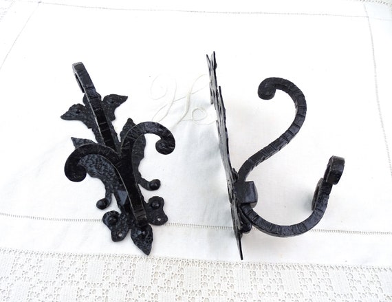 2 Vintage French Black Forged Metal Brutalist Hanging Basket Hooks, Pair of Garden Flower Plant Accessory For Wall Decor, Retro Cottagecore