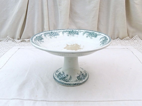 Antique French Cina Compote Dish with Blue and White Transferware Pattern, Vintage Ironware Style Pottery Cake Stand Pedestal Taser Bowl