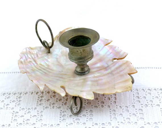 Antique French Victorian Carved Mother of Pearl Candle Holder Tourist Souvenir from Granville, Vintage Shell Craft Chamberstick Holder