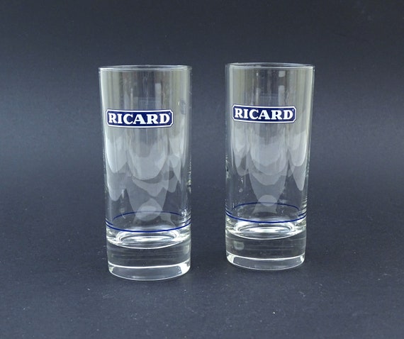 2 Vintage French Ricard Clear Glass Tumblers, Retro Glassware from France for Aperitif Drinks, Cote d'Azur Mediterranean Barware France