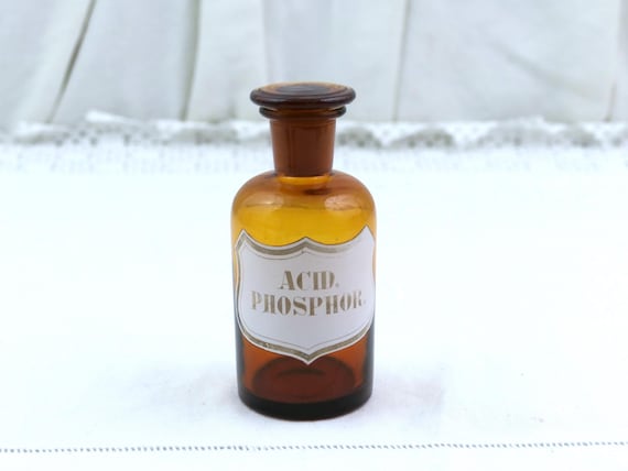 Antique French Brown Apothecary Bottle, Original Acid Phosphor Pharmacy Label, Ground Glass Stopper, Vintage Chemist Medical Collectible