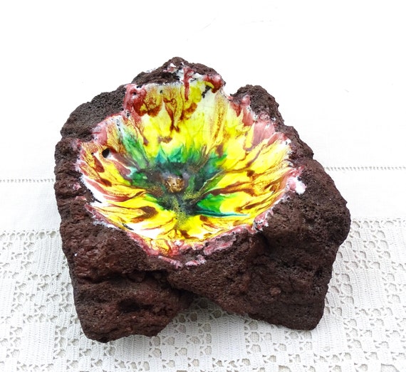 Vintage Colorful Enameled Natural Volcanic Lava Rock Ring Dish, Retro Colorful Curio Ashtray made of Stone from a Volcano, Smoking Accessory