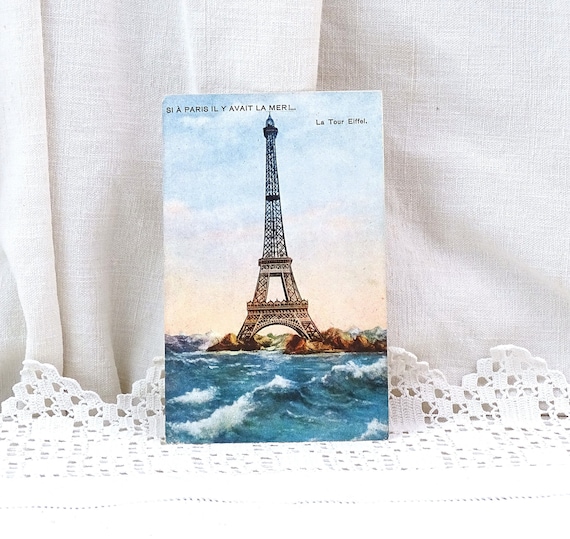 French Antique Unused Colored Black and White Novelty Postcard the Eiffel Tower in Paris with the Sea, Retro Fun Souvenir from France