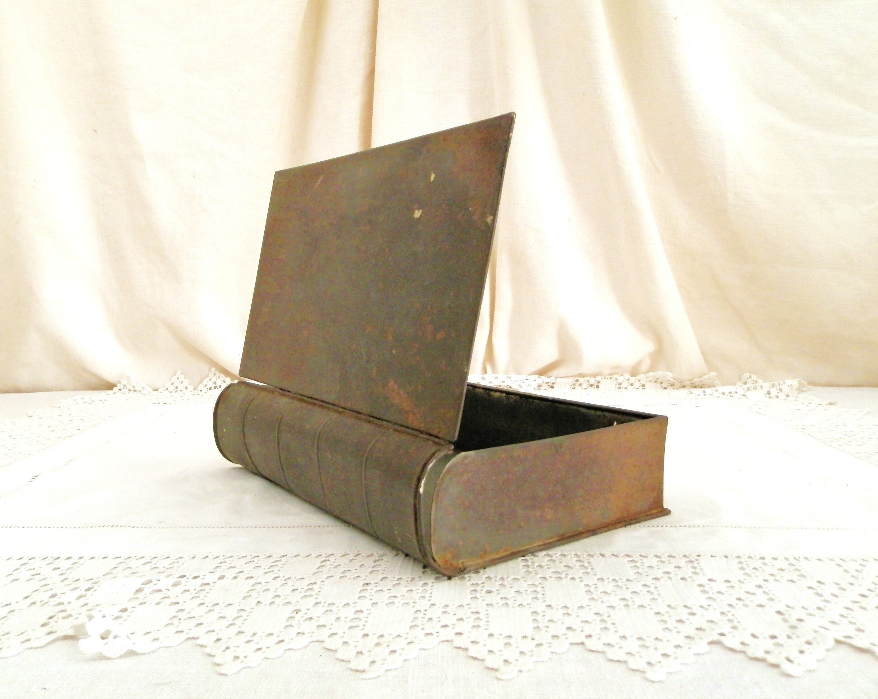 Large Antique French Metal Book Box Unusual Shaped Tin Rusty
