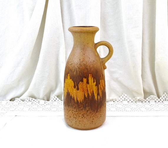 Vintage Mid Century Modern Scheurich Keramik 493-27 Pottery Vase from West Germany with Zig Zag Earth Colored Pattern, Retro Flower Vase