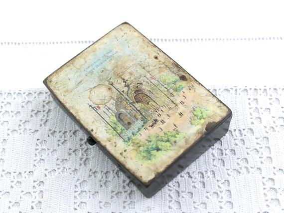 Small Antique French Black Lacquered Box with Image of a Building from the 1900 Paris Exhibition, Vintage 19th Century Victorian Storage
