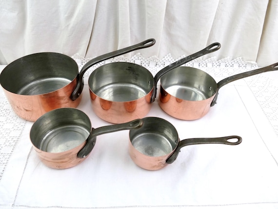 Vintage French Copper Saucepan Pan Set of 5 Made in France Tin 1mm 7lbs, Retro Traditional Cuisine Kitchen, Old Style Cooking Europe
