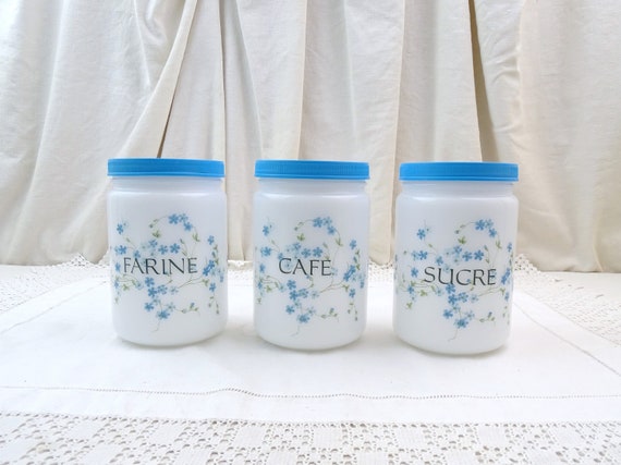 Set of 3 1960s Vintage French Arcopal White Milk Glass Kitchen Canister Set with Blue Flower Pattern, Retro 1970s Home Decor from France