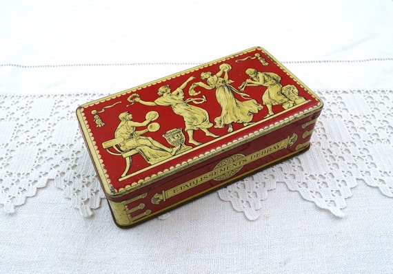 Antique French Metal Tin by Etablissements Bebray with Classical Greece Beige on Red Pattern, Vintage Old Style Collectible Box from France