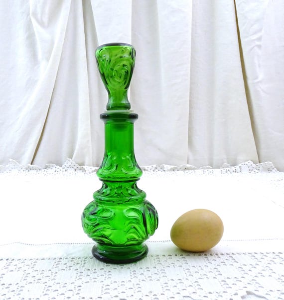 Small Vintage Mid Century Green Empoli Glass Carafe Stopper, Retro 1960s Large Perfume Bottle Italy, Italian Collectible Decanter Glassware