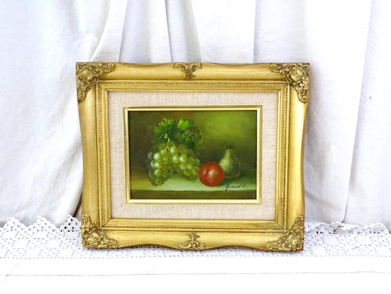 Small Vintage Framed French Still Life Oil Painting of Gapes and Fruit on Board Signed Giraud P, Vintage Handpainted Picture France of Fruit