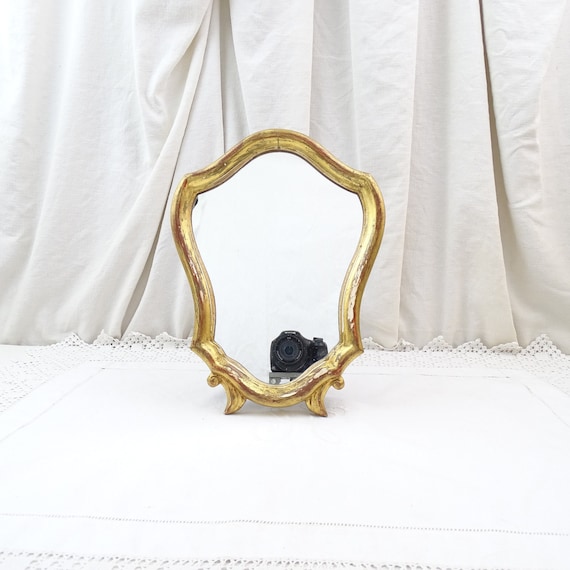 Small French Vintage Mid Century Gold Gilt Famed Free Standing Mirror, Retro 1960 Gilded Wooden Frame with Mirror, Chateau Chic Decor France