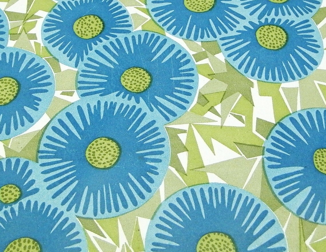 Vintage French 1960s Mid Century Square Colorful Blue and Green Flower
