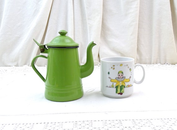 Small Italian Vintage Green Enamelware Goose Neck Coffee Pot, Retro Enamel Kitchen Decor From France, Brocante Country Farmhouse