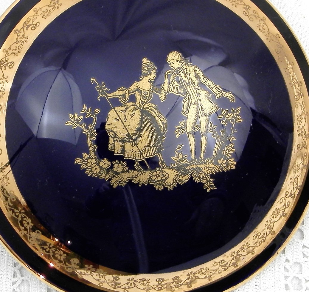 Vintage French Limoges Bone China Blue and Gold Glaze Powder Pot, Porcelain Jewelry / Trinket