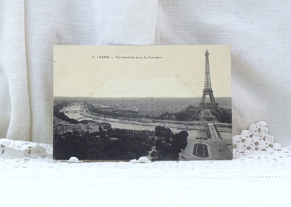 Rare French Antique Black and White Postcard of the River Seine  Eiffel Tower and the Trocadéro Gardens, Vintage Picture of Paris 1900s.