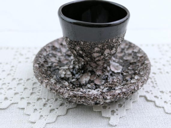 Vintage French Mid Century Fat Lava Glazed Black and White Egg Cup made in Vallauris, Retro 1960s Bubbly Kitsch Pottery Tableware