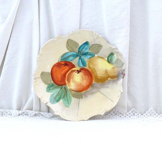 Vintage French Hand Painted Limoges Porcelain Decorative Wall Plate with Apples and Pear, Retro Charger Plate from France with Fruit Pattern