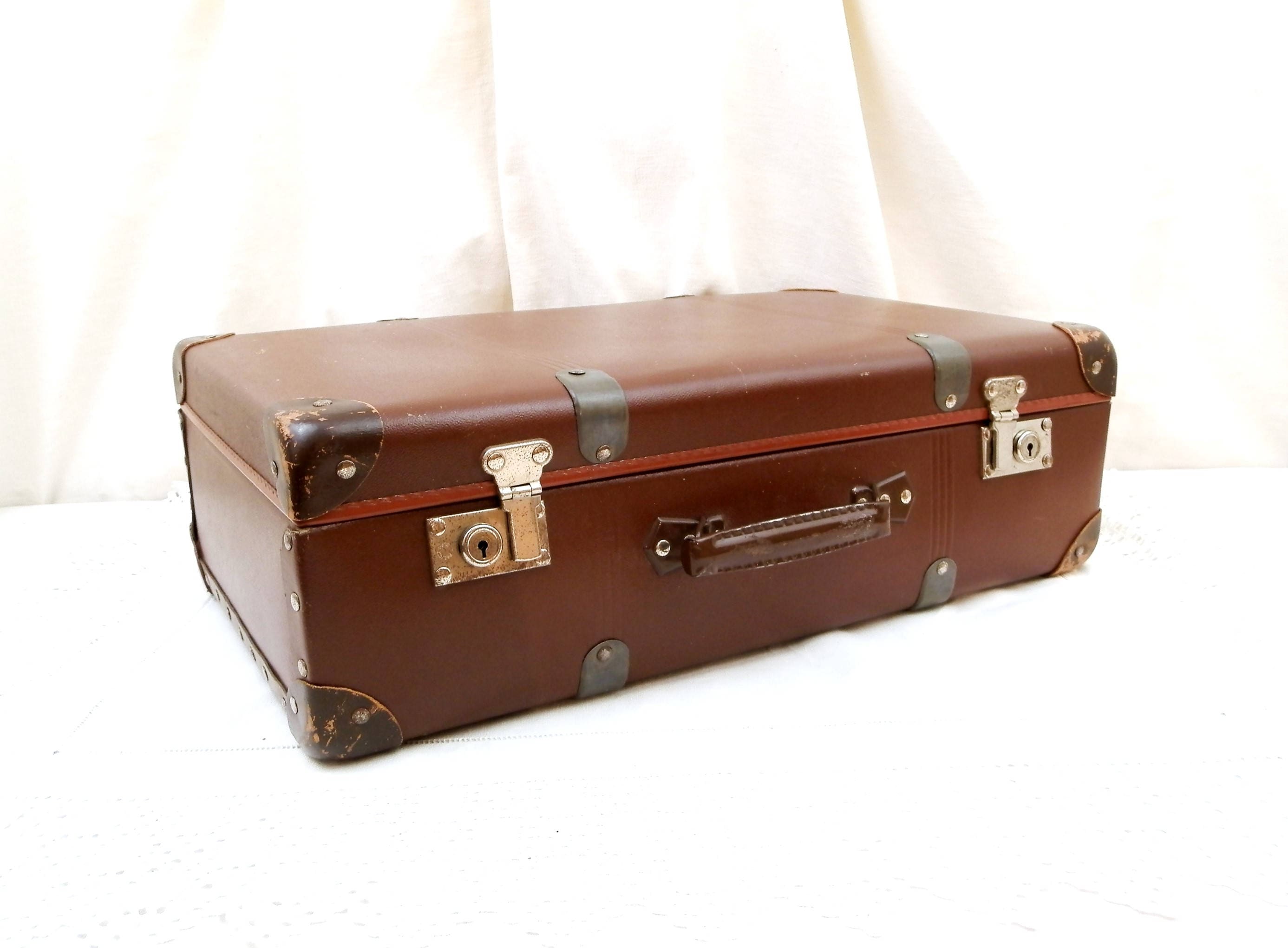 Vintage French Brown Cardboard Suitcase, Retro Luggage from France