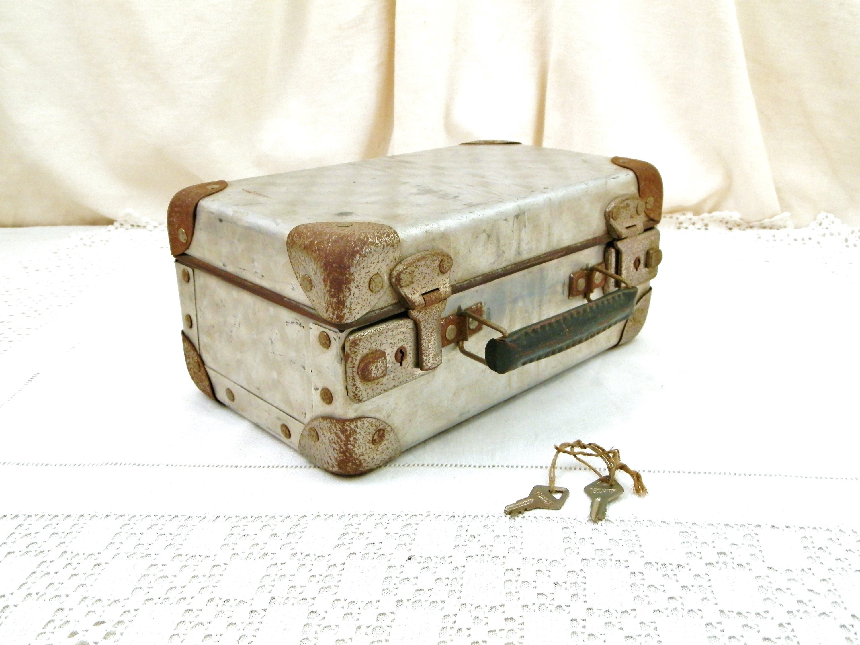 Vintage French Small Brushed Metal Suitcase with Working Keys