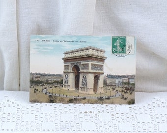 French Antique Colored Postcard Of the Arc de Triomphe in Paris, Retro Old Style Photograph of Champs Elysee From France, Vacation Europe