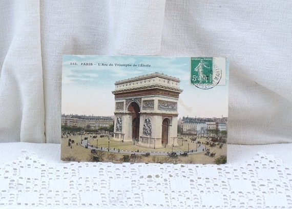 French Antique Colored Postcard Of the Arc de Triomphe in Paris, Retro Old Style Photograph of Champs Elysee From France, Vacation Europe