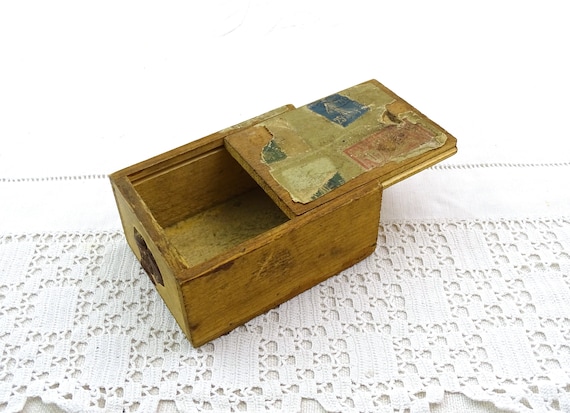 Antique French Wooden Postal Box with Sliding Lid, Stamps and Wax Seals, Retro Jewelry Container from France, Country Farmhouse Decor France