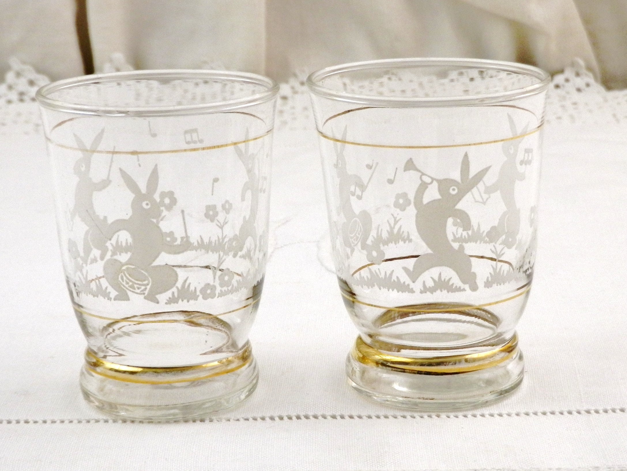 2 French Vintage Water Glasses with Printed Images of Bunny Rabbits